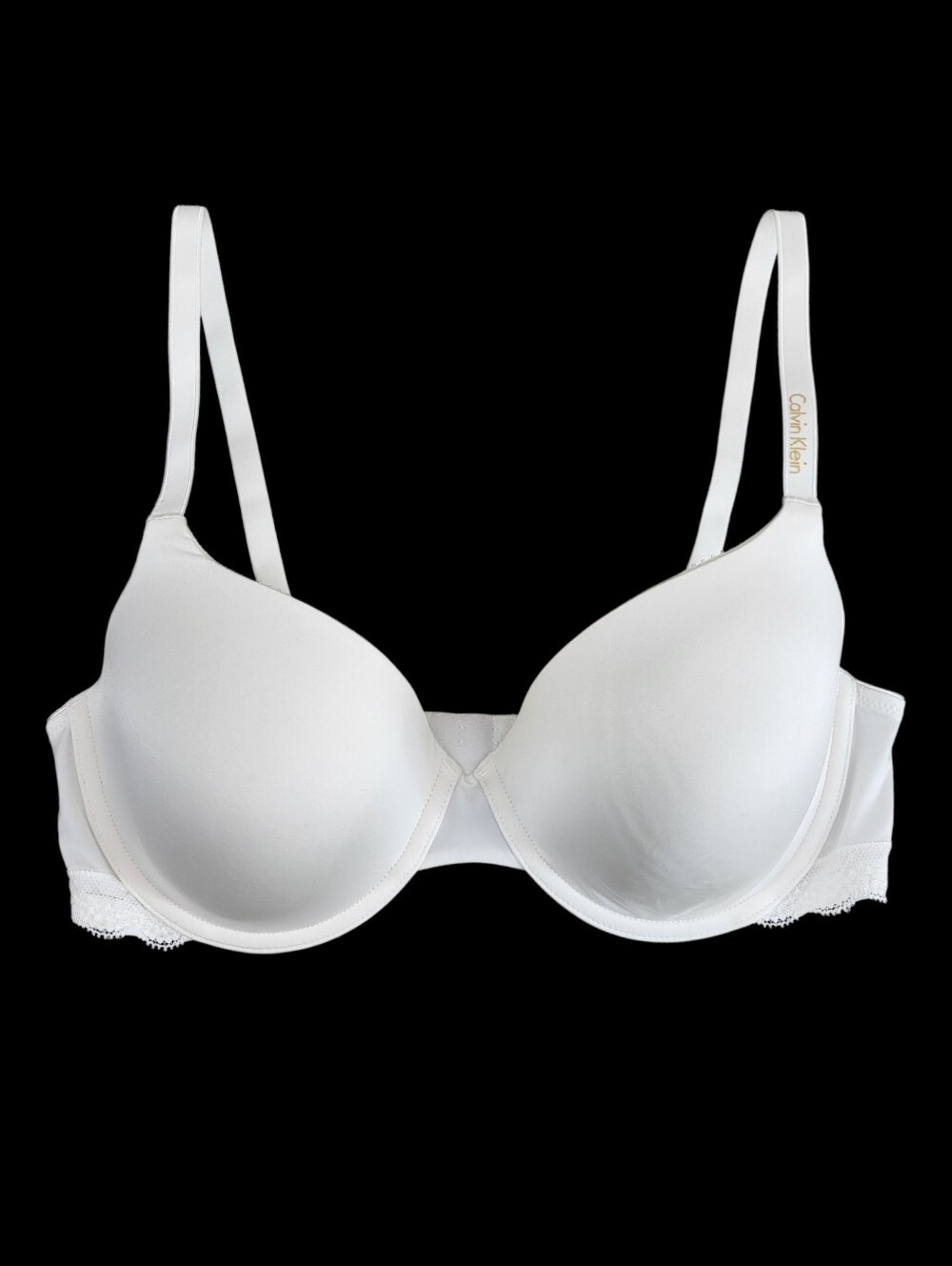Calvin Klein White Lace Trim Contour Underwire T-Shirt Bra Gold Logo Size 36C
